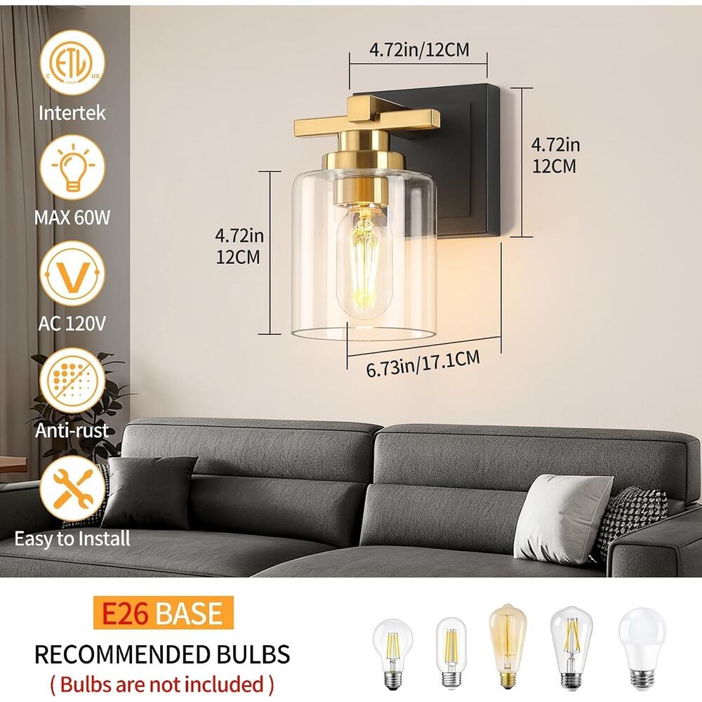 Black & Gold Bathroom Wall Sconce with Clear Glass Shade - Picture 2 of 2